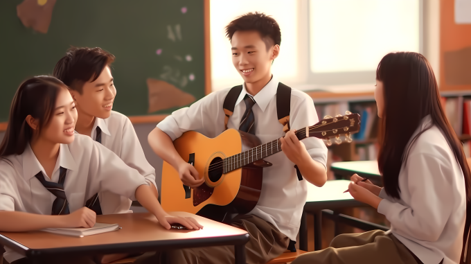 男生女生音乐课堂学生聊天摄影