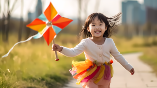 彩风车少女田间奔跑高清图