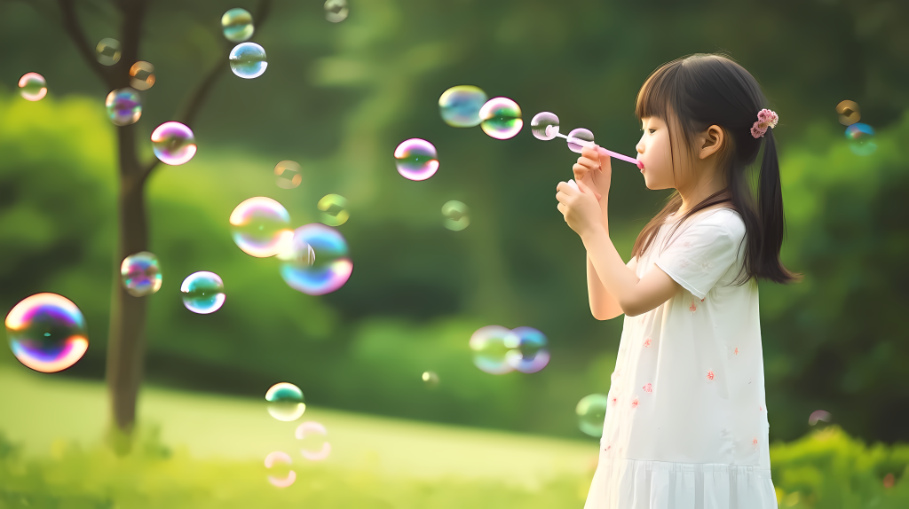 女孩在公园玩肥皂泡高清图版权图片下载