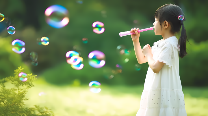 草地上玩泡泡的小女孩高清图版权图片下载