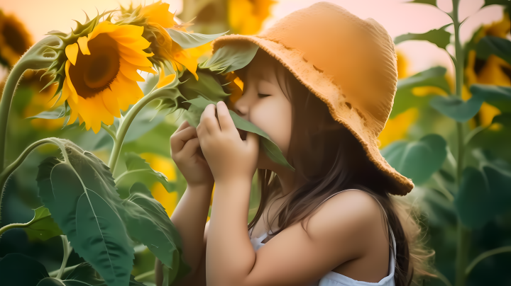 小女孩闻着向日葵的芬芳版权图片下载