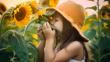 小女孩闻着向日葵的芬芳