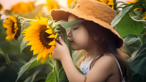 小女孩闻着向日葵的味道