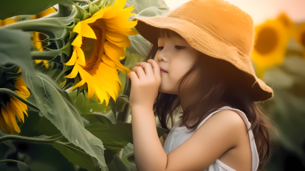 小女孩嗅着向日葵