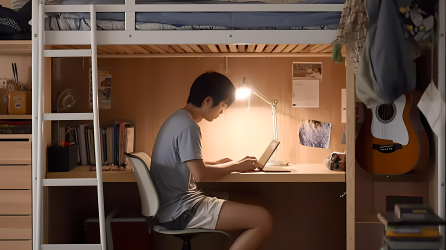 宿舍亚洲男子使用笔记本电脑高清图