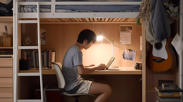 宿舍亚洲男子使用笔记本电脑高清图版权图片下载