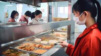 学校食堂里等待食物的女孩真实照片