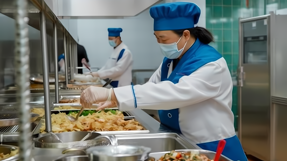 校园食堂中的中式厨师高清图