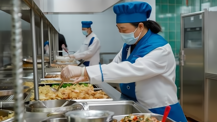 校园食堂中的中式厨师高清图