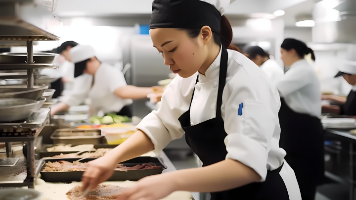食堂中正在制作美食的女厨师高清图版权图片下载