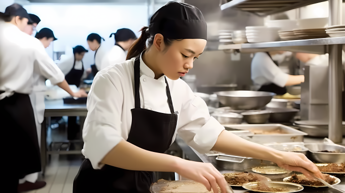 学校餐厅中的中国女厨师准备食物高清图