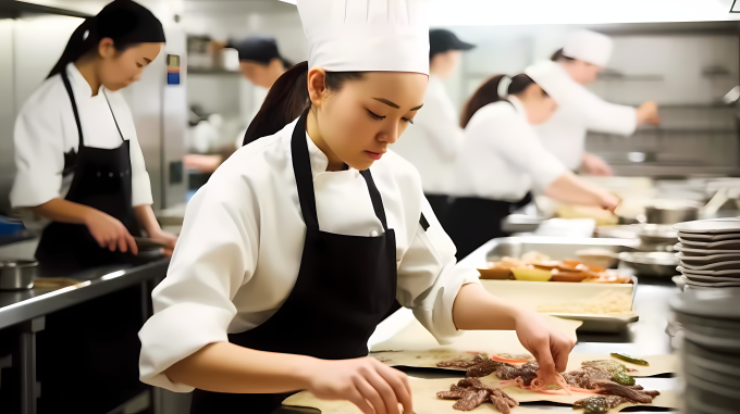 女厨师现场烹饪美食高清图