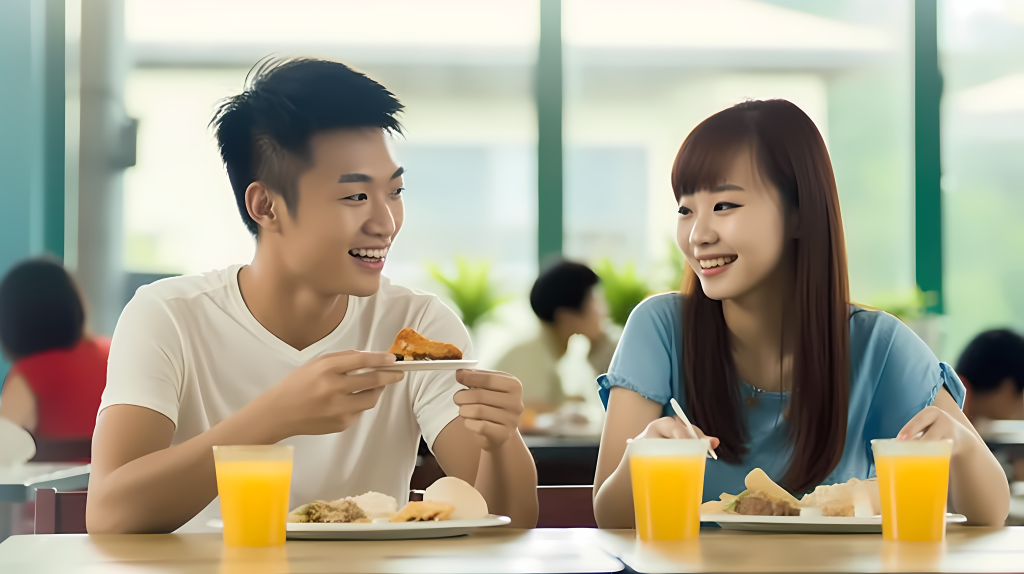 男女学生在食堂用餐高清图版权图片下载