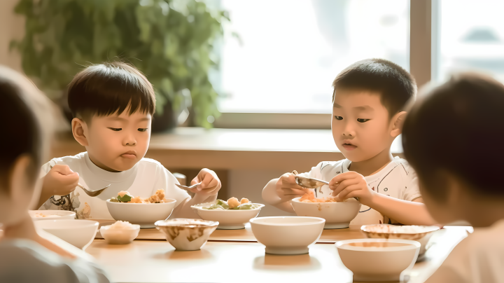 餐桌上用餐的儿童摄影图版权图片下载