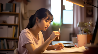 宿舍认真学习思考的女孩图片