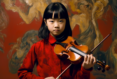 中式红衣小姑娘拉小提琴图片