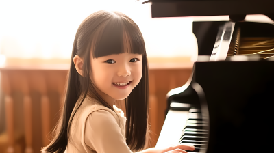 钢琴少女微笑着坐在钢琴前高清摄影图片
