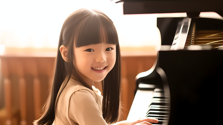 钢琴少女微笑着坐在钢琴前高清摄影版权图片下载