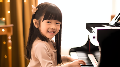 亚洲女孩弹奏钢琴微笑照片