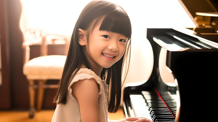 华裔女孩弹奏钢琴微笑照片