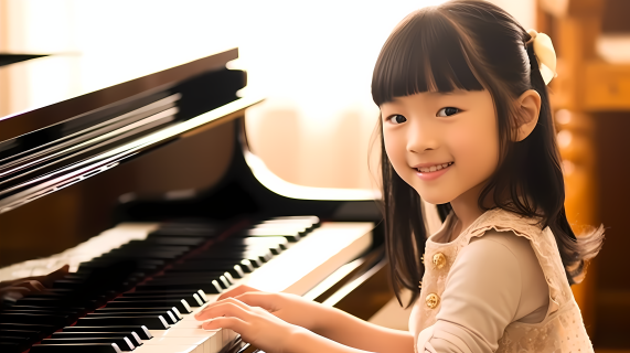女孩微笑弹奏钢琴形象图