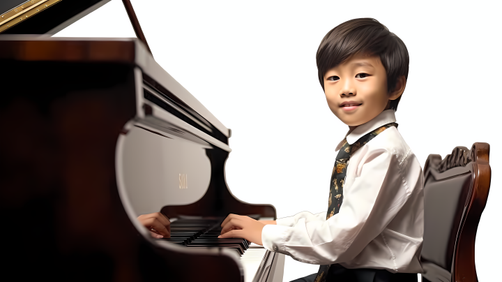 男孩弹钢琴微笑照片版权图片下载