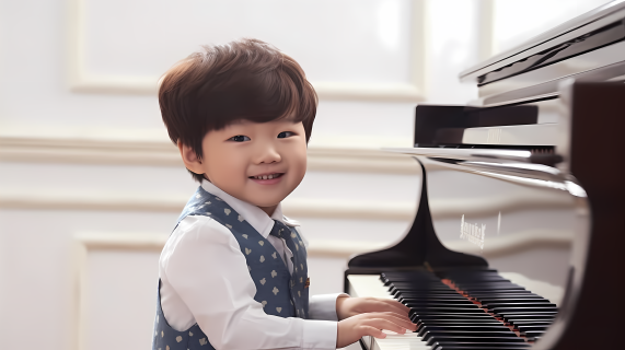 可爱男孩钢琴前微笑图片