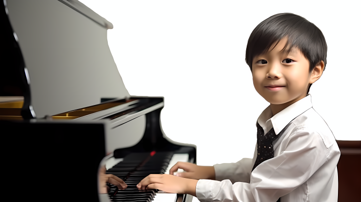 可爱男孩弹奏钢琴微笑版权图片下载