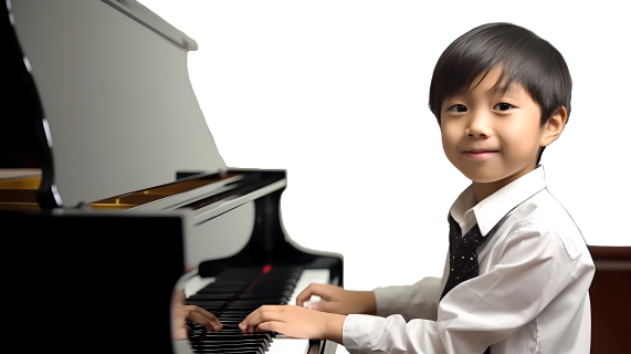 可爱男孩弹奏钢琴微笑图片