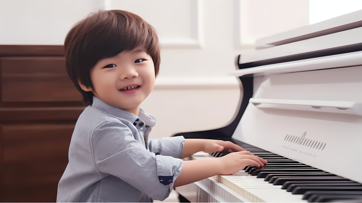 亚洲男孩弹奏钢琴微笑版权图片下载