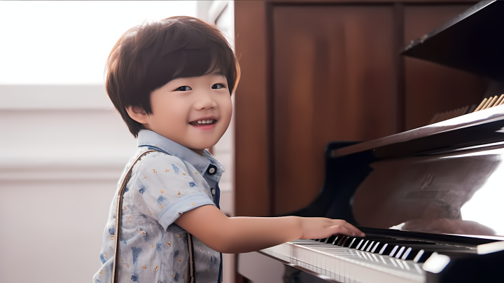 钢琴少年微笑着坐在钢琴前版权图片下载