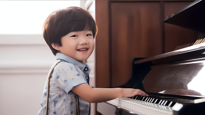 钢琴少年微笑着坐在钢琴前