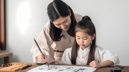 认真学习写毛笔字的学生图片