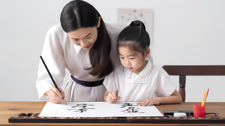 老师正在教小女生练字图片