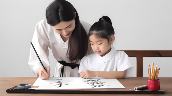 女孩学写中国书法高清摄影图