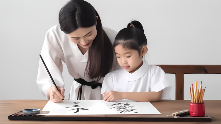 女孩学写中国书法高清摄影图版权图片下载