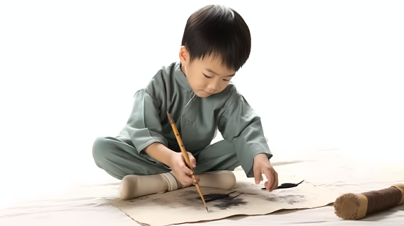 坐在地上写毛笔字的男孩图片