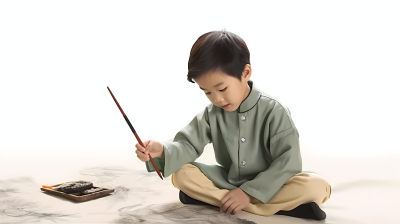 亚洲男孩书写毛笔字摄影图