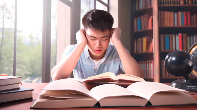 书桌前学习的学生摄影图片