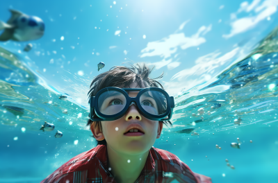 青少年佩戴绿色眼镜在水中游泳高清图