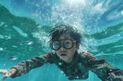 水下游泳的戴泳镜的小男孩高清图
