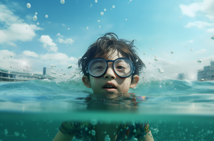 水面探出头的绿镜少年高清图版权图片下载