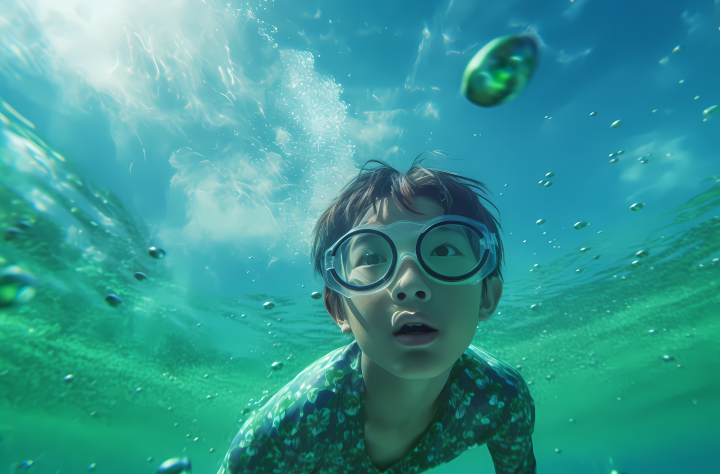 翠绿眼镜游泳少年高清图版权图片下载