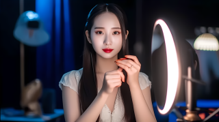 明亮化妆镜前的年轻美女图片