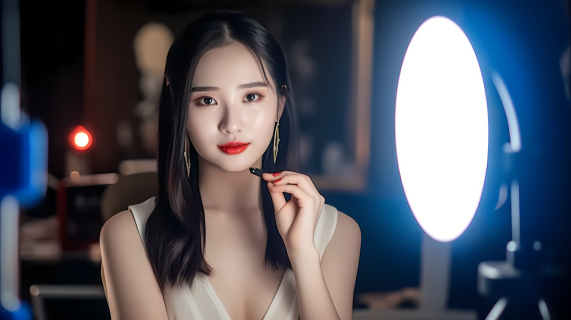 明亮的化妆镜前的中国美女