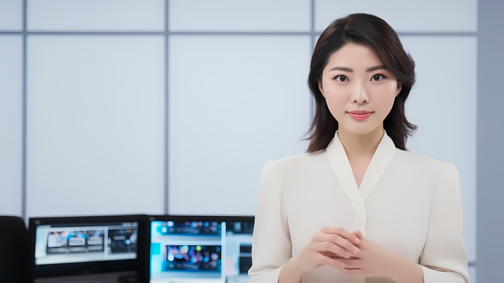 新闻主播坐在新闻台前高清图