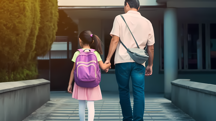 父亲和放学后的女儿牵手走路高清图版权图片下载