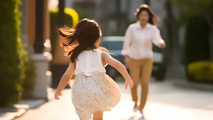 女孩奔向妈妈回家版权图片下载