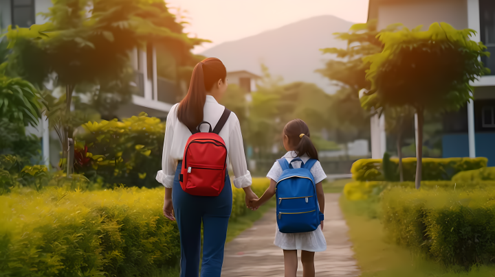 母女同行亚洲女孩背着背包的照片版权图片下载