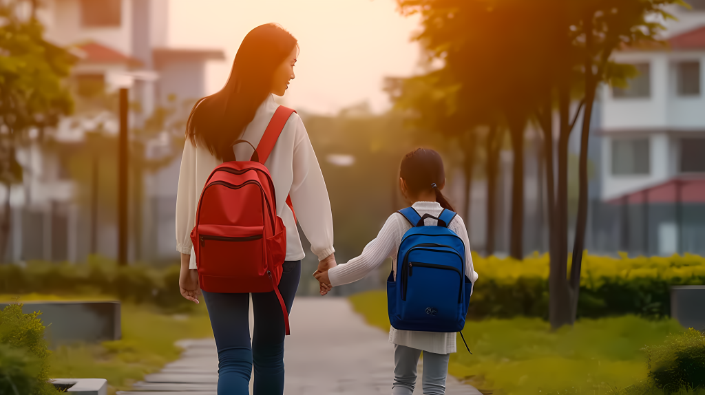 母女手牵手背包上学版权图片下载